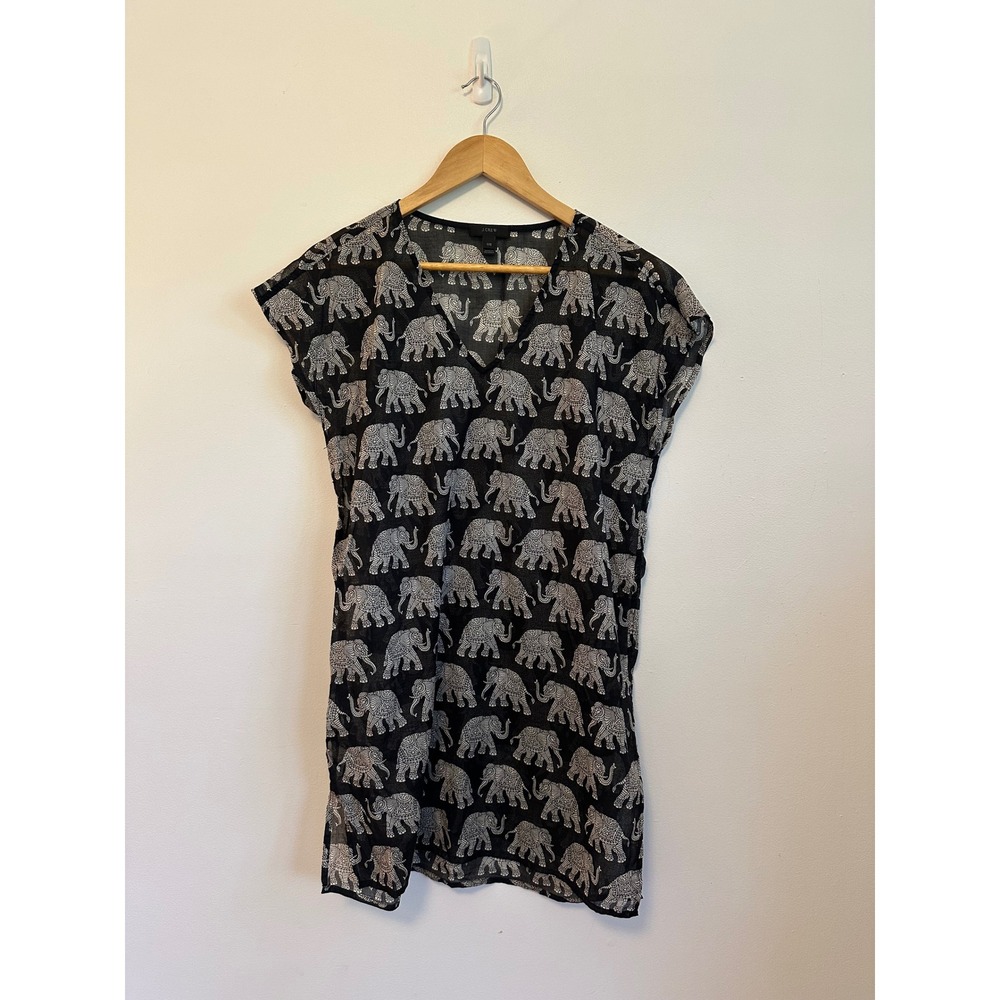 J. Crew Black and White Elephant Print Cotton V-Neck Swim Cover-Up | Size XXS